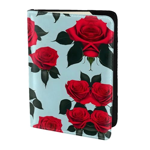 JIUTY Reisepasshülle mit rotem Rosen-Aufdruck, für Damen und Herren, Rindsleder, Reisepasshülle, Reisedokumenten-Zubehör, Schwarz , Einheitsgröße von JIUTY