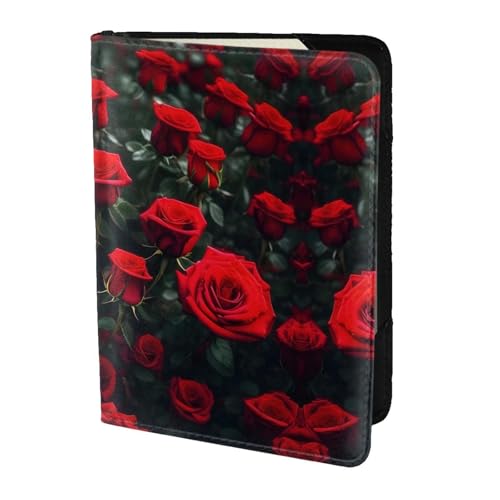 JIUTY Reisepasshülle mit rotem Rosen-Aufdruck, für Damen und Herren, Rindsleder, Reisepasshülle, Reisedokumenten-Zubehör, Schwarz , Einheitsgröße von JIUTY
