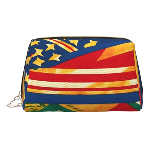 Kulturbeutel aus Leder mit Hawaii-Flaggen, Reisefreundlich, Make-up-Tasche für Damen, gold, Einheitsgröße, Kulturbeutel von JIUTY
