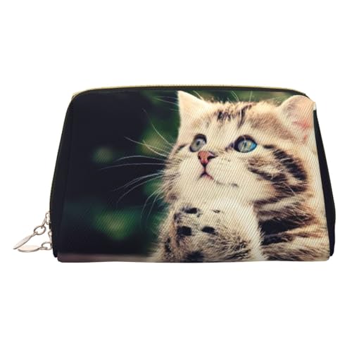 Kulturbeutel aus Leder mit Katzenmotiv, Reisefreundlich, Make-up-Tasche für Damen, gold, Einheitsgröße, Kulturbeutel von JIUTY
