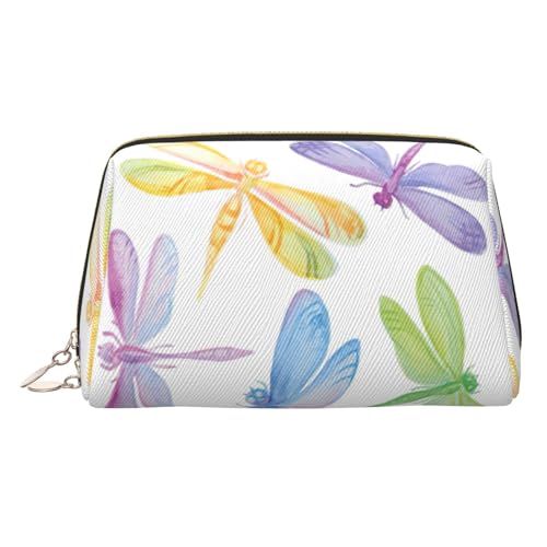 Kulturbeutel aus Leder mit Libellen-Motiv, reisefreundliche Make-up-Tasche für Damen, gold, Einheitsgröße, Kulturbeutel von JIUTY