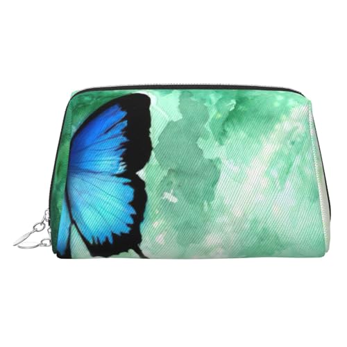 Kulturbeutel aus Leder mit Schmetterlingsmuster, Reisefreundlich, Make-up-Tasche für Damen, Blau, silber, Einheitsgröße, Kulturbeutel von JIUTY
