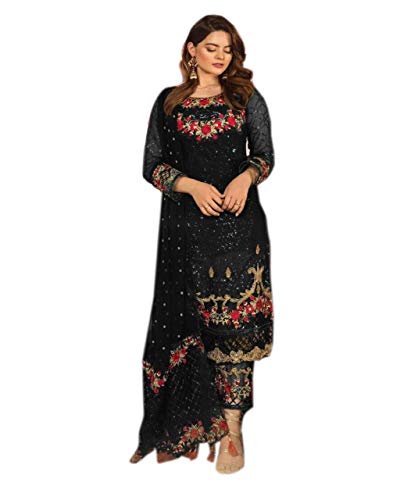 JIVRAJ FASHION Grüne rote und schwarze Farbe Georgette mit Stickerei Shalwar Kameez Anzug Kleid Designer Shalwar Kameez Gerade Salwar Kameez Agha Noor Maria B Unstitched (Wahl 3) von JIVRAJ FASHION