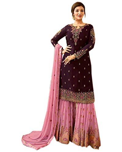 JIVRAJ FASHION Sharara Palazzo Salwar Kameez Anzug Kleid Designer Shawar Kameez Out Fit Ungenähte Stickerei Arbeit Schwere Nazmeen Dupatta Indian Pakistani Party Wear (Wahl 1) von JIVRAJ FASHION