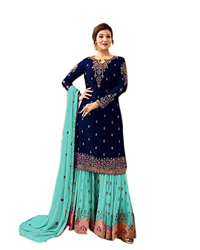 JIVRAJ FASHION Sharara Palazzo Salwar Kameez Anzug Kleid Designer Shawar Kameez Out Fit Ungenähte Stickerei Arbeit Schwere Nazmeen Dupatta Indian Pakistani Party Wear (Wahl 2) von JIVRAJ FASHION