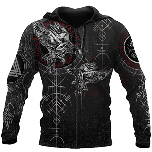 Herren Valhalla – Totenkopf Hoodie Neuheit Hip Hop 3D Tattoo Bedrucktes Kapuzensweatshirt Herbst Viking Spirit Langarm Känguru – Große Tasche Casual Fashion Street Zip Jacke von JIYAU