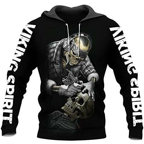 Herren Valhalla – Totenkopf Hoodie Neuheit Hip Hop 3D Tattoo Bedrucktes Kapuzensweatshirt Herbst Viking Spirit Langarm Känguru – Große Tasche Casual Fashion Street Zip Jacke von JIYAU