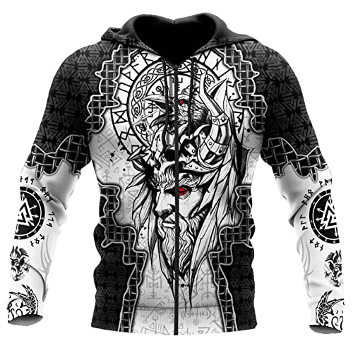 JIYAU Nordische Mythologie Odin Tattoo Hoodie Neuheit Kapuzenpullover Wikinger 3D Full Print Loses Langarm-Sweatshirt mit großen Taschen Unisex-Paar-Sweatshirt im skandinavischen Harajuku-Stil von JIYAU