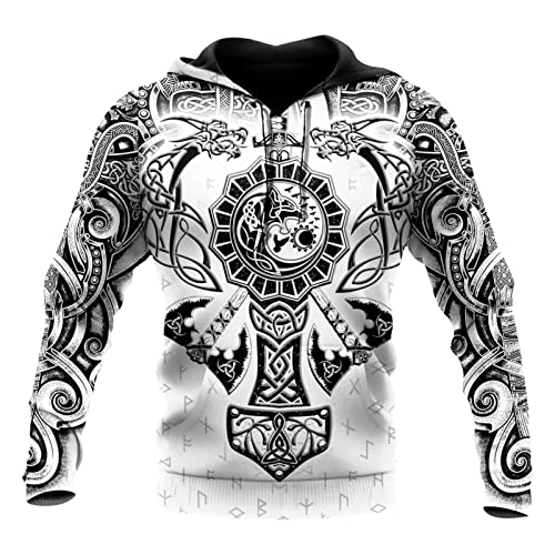 JIYAU Thors Hammer 3D Tattoo Herren Hoodie Wikinger Unisex Casual Street Sweatshirt Herbstmode Langarm Kapuzenjacke Geschenk (Color : Celtic wolf Hoodie, Size : XL) von JIYAU