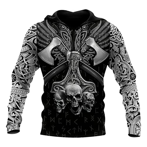 JIYAU Thors Hammer 3D Tattoo Herren Hoodie Wikinger Unisex Casual Street Sweatshirt Herbstmode Langarm Kapuzenjacke Geschenk (Color : Mjölnir Hoodie, Size : XL) von JIYAU