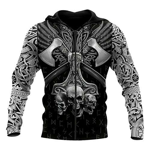 JIYAU Thors Hammer 3D Tattoo Herren Hoodie Wikinger Unisex Casual Street Sweatshirt Herbstmode Langarm Kapuzenjacke Geschenk (Color : Mjölnir Sweatshirt, Size : 5XL) von JIYAU