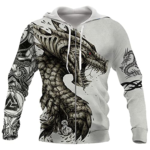 JIYAU Wikinger Drachen Tattoo Herren Hoodie Realistische 3D-gedruckte nordische Mythologie Midgarðsormr Lässige Langarmjacke Harajuku-Paar-Sweatshirt mit großem Taschenreißverschluss von JIYAU