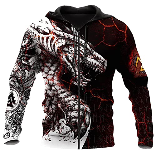 JIYAU Wikinger Drachen Tattoo Herren Hoodie Realistische 3D-gedruckte nordische Mythologie Midgarðsormr Lässige Langarmjacke Harajuku-Paar-Sweatshirt mit großem Taschenreißverschluss von JIYAU