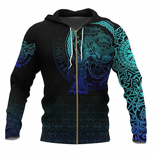 JIYAU Wikinger-Herren-Sweatshirt mit Reißverschluss, Fenrir Wolf Tattoo 3D-Neuheit-Hoodie, lässig, plus Größe, leichter Herbstpullover, Paar Harajuku-Jacke, Wikinger-Fangeschenk von JIYAU