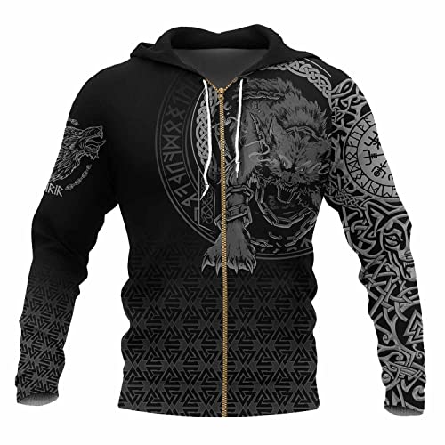 JIYAU Wikinger-Herren-Sweatshirt mit Reißverschluss, Fenrir Wolf Tattoo 3D-Neuheit-Hoodie, lässig, plus Größe, leichter Herbstpullover, Paar Harajuku-Jacke, Wikinger-Fangeschenk von JIYAU