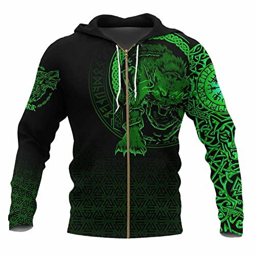 JIYAU Wikinger-Herren-Sweatshirt mit Reißverschluss, Fenrir Wolf Tattoo 3D-Neuheit-Hoodie, lässig, plus Größe, leichter Herbstpullover, Paar Harajuku-Jacke, Wikinger-Fangeschenk von JIYAU