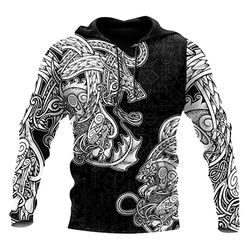 JIYAU Wikinger Hoodies für Herren Celtic Raven & Wolf 3D Full Print Lässiger Pullover Kapuzensweatshirt Herbst Übergroßes Paar Harajuku Langarm Freizeitjacke (Color : Wolves Hoodie, Size : XL) von JIYAU