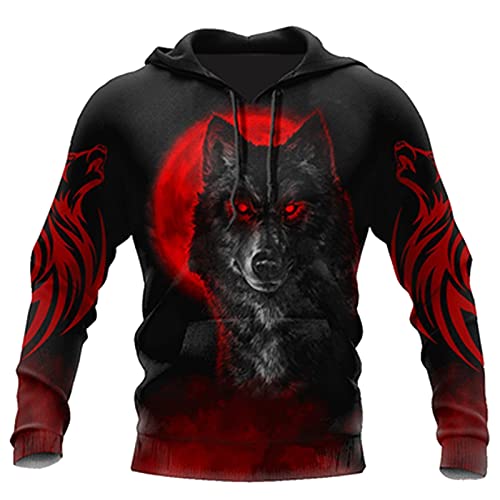 Nordische Mythologie Fenrir Wolf Unisex Hoodie Wikinger 3d Drucken Tattoo Dunkelrotes, lässiges Zip Sweatshirt Herbst Plus Größe Sweatshirt Cosplay Party Jacke von JIYAU