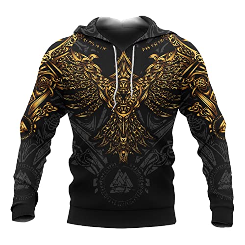 Viking Herren-Neuheits-Hoodie 3D Full Print Celtic Raven Tattoo Sweatshirt Modisches Langarm-Sweatshirt mit Rundhalsausschnitt Herbst Neuheit paar Geschenk Jacke (Color : Gold Hoodies, Size : M) von JIYAU