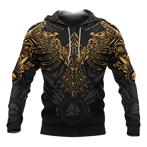 Viking Herren-Neuheits-Hoodie 3D Full Print Celtic Raven Tattoo Sweatshirt Modisches Langarm-Sweatshirt mit Rundhalsausschnitt Herbst Neuheit paar Geschenk Jacke (Color : Gold Zipper, Size : 5XL) von JIYAU