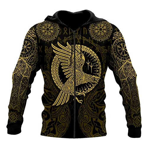 Viking Herren-Neuheits-Hoodie 3D Full Print Celtic Raven Tattoo Sweatshirt Modisches Langarm-Sweatshirt mit Rundhalsausschnitt Herbst Neuheit paar Geschenk Jacke (Color : Yellow Zipper, Size : 3XL) von JIYAU