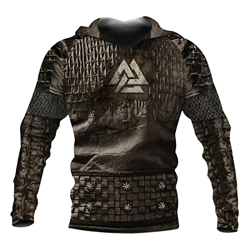 Viking Vintage Armor Hoodie für Herren Lässiges Langarm-Sweatshirt mit 3D-Druck nordischen Mythologie Mittelalter Herbstmode Cosplay Jacke mit großer Kapuze und Kängurutasche von JIYAU