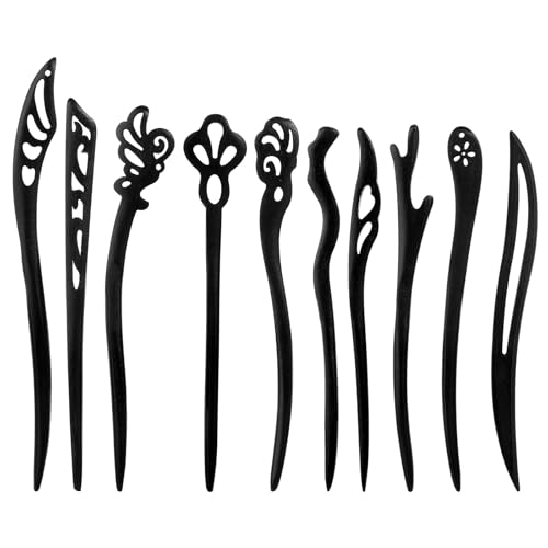 JIYIN 10 Stück Holz Haarstäbchen, Haar Essstäbchen Vintage Haarnadel für Dutts Retro Haarstab Schwarz Holz Haarspangen Chinesischer Stil Haarstäbchen für Damen Frauen Mädchen(Stil 1) von JIYIN