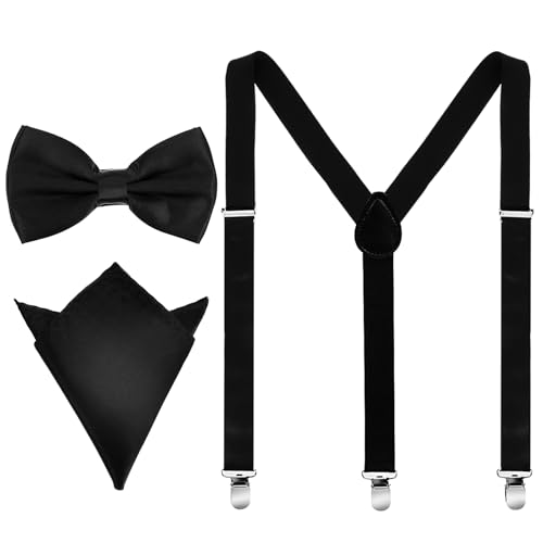 JIYIN Hosenträger Herren Set, Hosenträger Breit mit Fliege und Einstecktuch Hosenträger für Herren 2,5 Cm Hosenträger Verstellbar Männer Hosenträger X-Form (Schwarz) von JIYIN