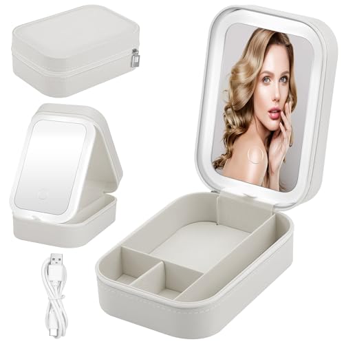 JIZZU Kosmetiktasche mit LED Beleuchtetem Spiegel, PU Leder Wasserdicht Make up Tasche Damen, Tragbare Reise Kosmetikkoffer Make up Organizer Schminktasche mit Fächern für Frauen (Weiß) von JIZZU