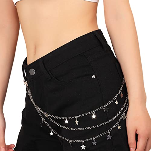 JIgeren Punk Pants Kette Fünfzackiger Stern Anhänger Hosen Kette Frauen Mehrschichtige Street Hose Schlüsselanhänger Hip-Hop Taillenketten Gürtel für Jeans Silber JIgeren Punk Pants Kette Fünfzackiger Stern Anhänger Hosen Kette Frauen Mehrschichtige Street Hose Schlüsselanhänger Hip-Hop Taillenketten Gürtel für Jeans Silber von JIgeren
