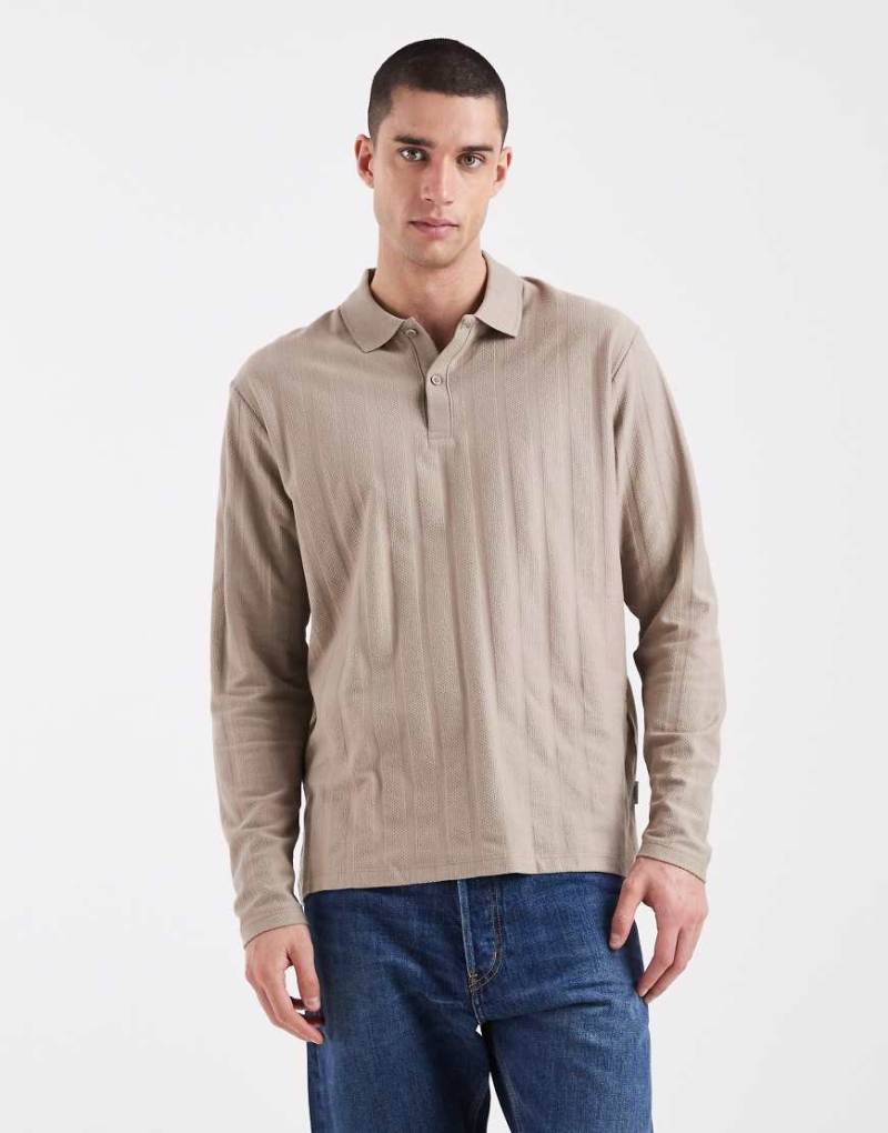 JJ Rebel - Langärmliges, strukturiertes Polohemd in Beige-Neutral von JJ Rebel