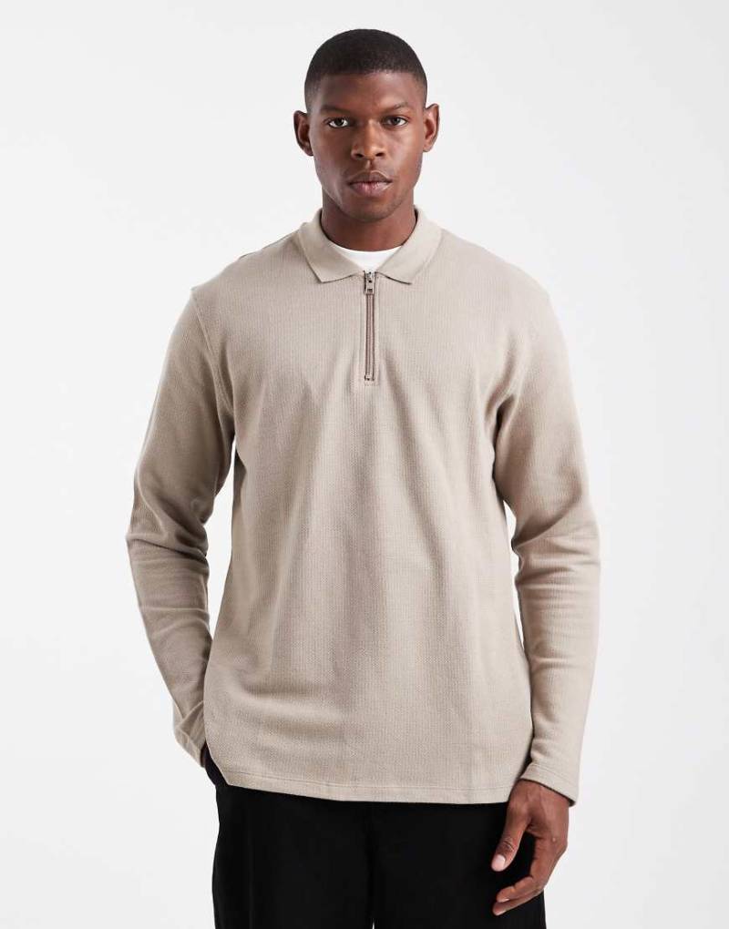 JJ Rebel - Langärmliges, strukturiertes Polohemd in Beige-Neutral von JJ Rebel