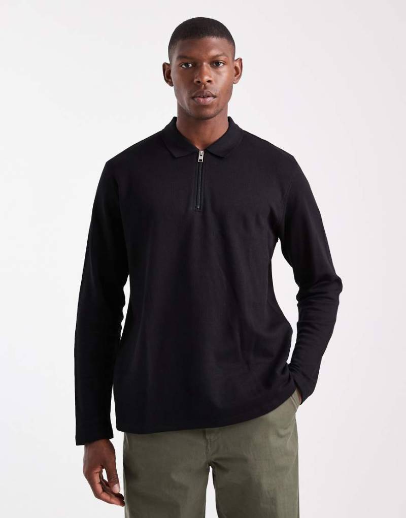 JJ Rebel - Langärmliges, strukturiertes Polohemd in Schwarz von JJ Rebel