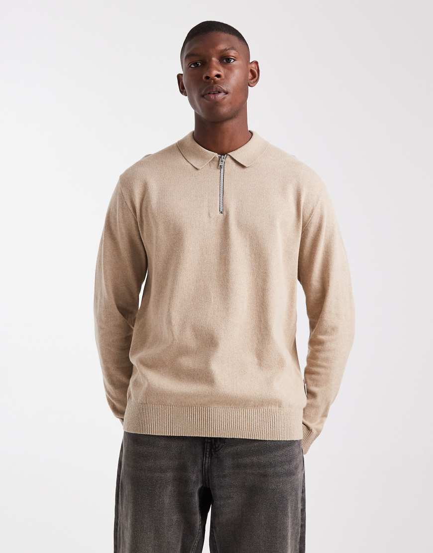 JJ Rebel - Polo-Strickpullover in Beige mit kurzem Reißverschluss-Neutral von JJ Rebel