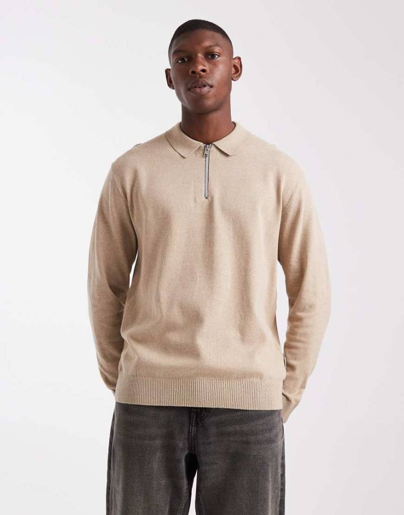 JJ Rebel - Polo-Strickpullover in Beige mit kurzem Reißverschluss-Neutral von JJ Rebel