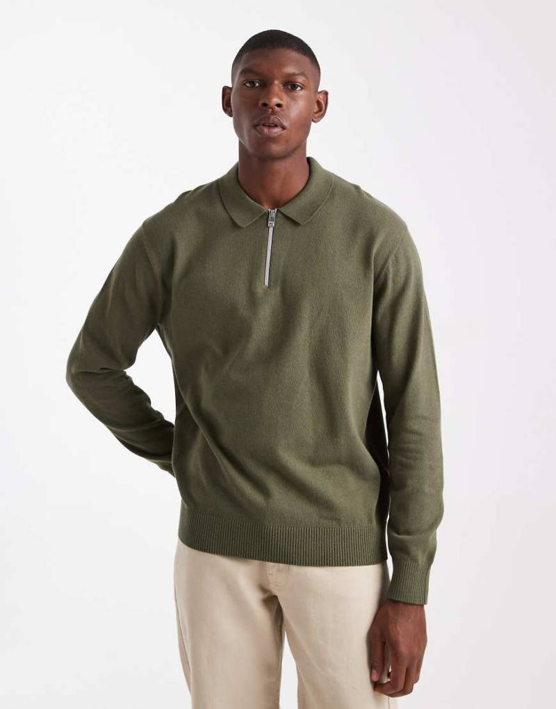 JJ Rebel - Polo-Strickpullover in Khaki mit kurzem Reißverschluss-Grün von JJ Rebel