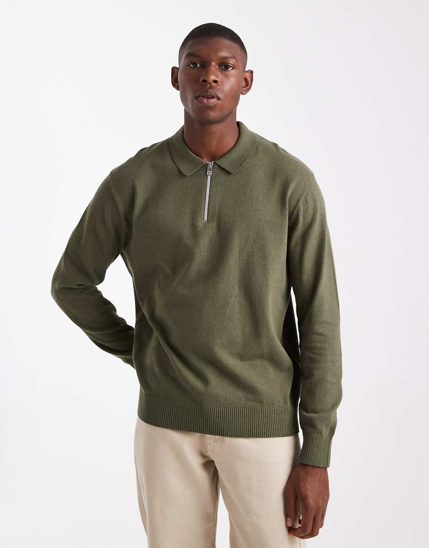 JJ Rebel - Polo-Strickpullover in Khaki mit kurzem Reißverschluss-Grün von JJ Rebel