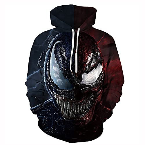 Herren 3D Print Kapuzen Langarm Lange Zähne Monster Venom Colo Patchwork Loose Fit Pullover Sweatshirts(XL,Black) von JJCat