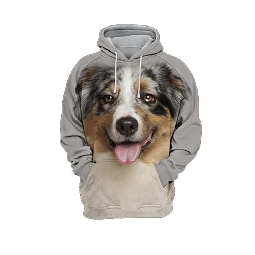 JJCat Herren Kapuzen Langarm 3D Druck Hunde Serie Australian Shepherd Design Lässige Pullover Hoodies(XL,Grau) von JJCat