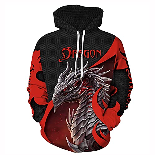 JJCat Herren Langarm 3D-Druck Roter Drache Loose Fit Paar Pullover Hoodies Sweatshirts(XL,Red) von JJCat