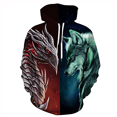 JJCat Herren Langarm 3D-Druck Roter Drache Loose Fit Paar Pullover Hoodies Sweatshirts (X-Large, Grun) von JJCat