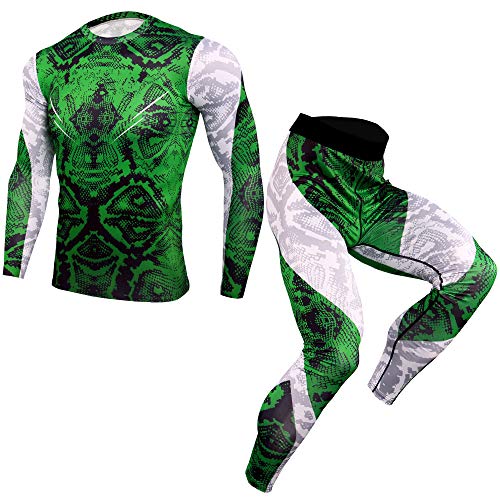 JJCat Herren O-Ausschnitt Langarm Grüne Schlangenhaut Streifen Hochelastische T-Shirts+Hosen 2 Stück Radfahren Aktive Trainingsanzüge(XL,Green) von JJCat