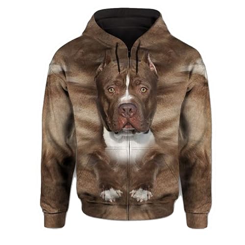 JJCat Männer/Frauen mit Kapuze Langarm 3D-Druck Hundeserie American Bully Design Reißverschluss Strickjacke Sweatshirts(L,Braun2) von JJCat
