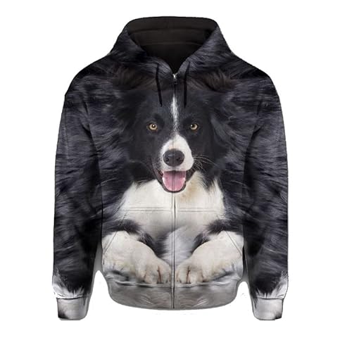 JJCat Männer/Frauen mit Kapuze Langarm 3D-Druck Hundeserie Border-Collie-Design Reißverschluss Strickjacke Sweatshirts(L,Schwarz) von JJCat