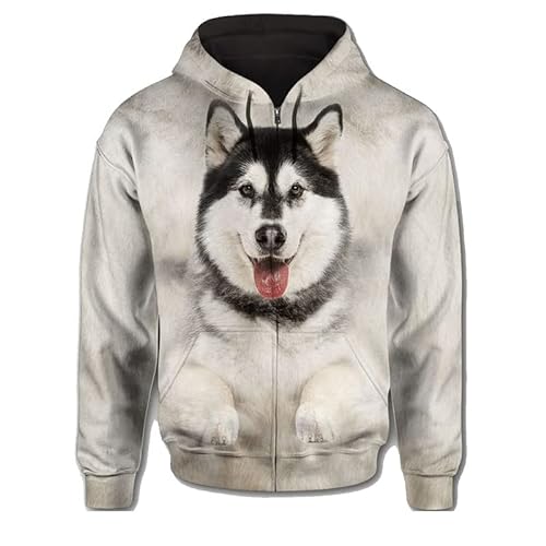 JJCat Männer/Frauen mit Kapuze Langarm 3D-Druck Hundeserie Husky-Design Reißverschluss Strickjacke Sweatshirts(XL,Weiß) von JJCat