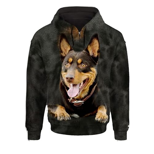 JJCat Männer mit Kapuze Langarm 3D-Druck Hundeserie australisches Kalpy-Design Reißverschluss Strickjacke Sweatshirts(4XL,Schwarz7) von JJCat