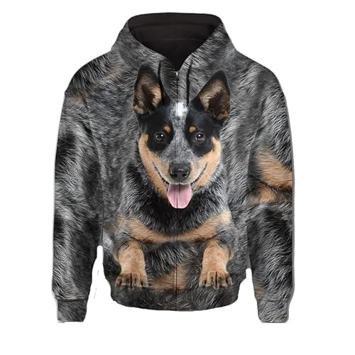 JJCat Männer mit Kapuze6 Langarm 3D-Druck Hundeseriet australischer Schäferhund Design Reißverschluss Strickjacke Sweatshirts(4XL,Grau4) von JJCat