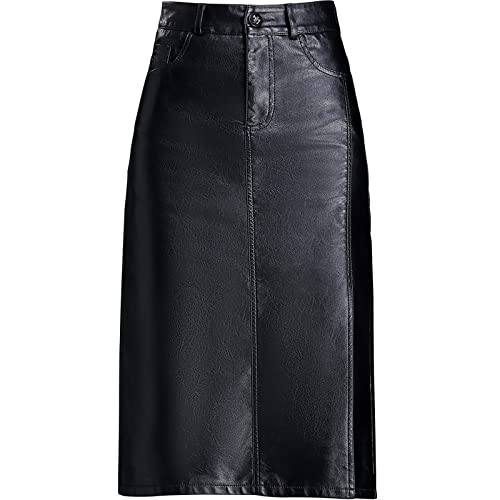 JJDSL Pu-Lederröcke - Frauen Plus Size Einfarbig Split Tight Röcke, Pu Lederröcke Frauen Hohe Taille Gerade Midi Röcke, Herbst Winter Pack Hüfte Plus Size One-Step-Rock, Schwarz, L von JJDSL