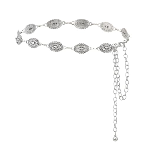 JJDreams 105CM Damen Taillenkette Boho Silber Kettengürtel Einstellbar Bauchkette Y2K Waist Chain Verstellbare Hüftkette Ovaler Gänseblümchen Gürtel von JJDreams