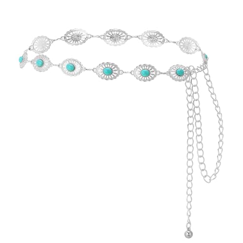JJDreams 110CM Damen Taillenkette mit Türkis Boho Grün Kettengürtel Einstellbar Bauchkette Y2K Waist Chain Verstellbare Hüftkette Ovaler Gänseblümchen Gürtel von JJDreams